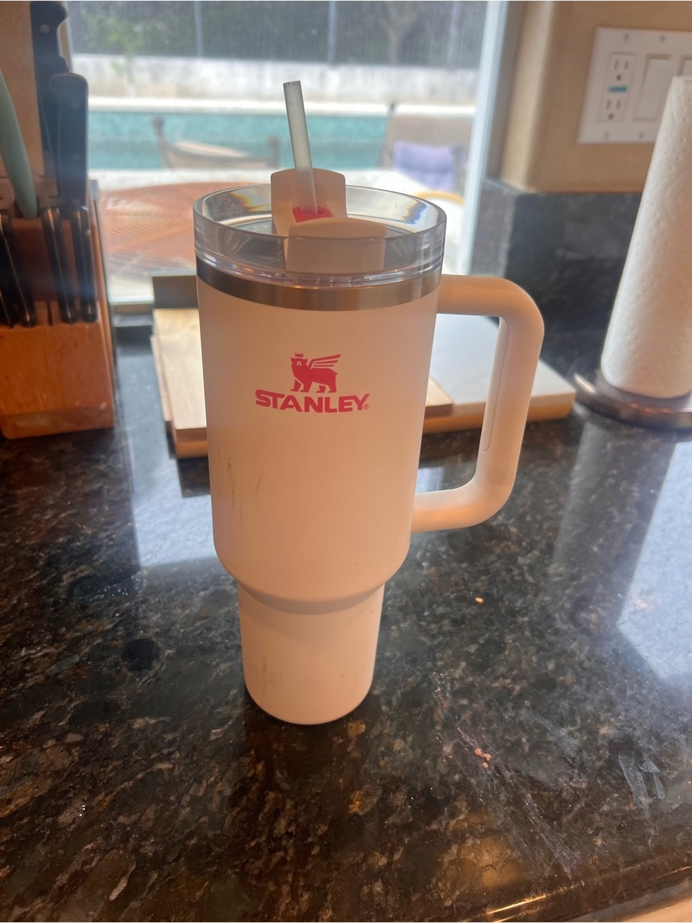 Stanley White Travel Tumbler with Pink Logo and Clear Lid